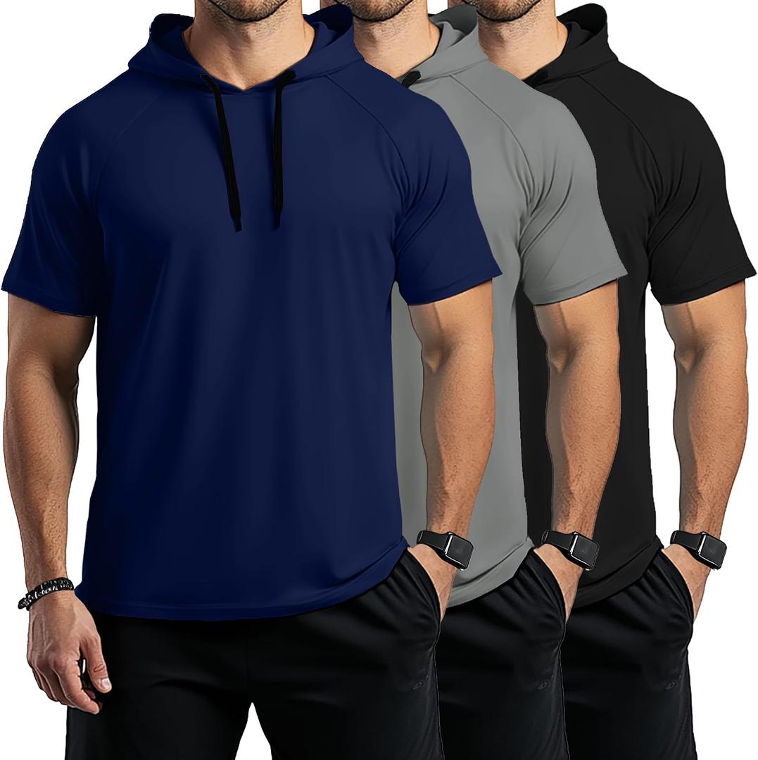 Ficerd 3 Pack Men's Hoodies Big and Tall Short Sleeve Workout Gym Hooded Shirts Lightweight Athletic Baseball Soccer Shirts, 4XL