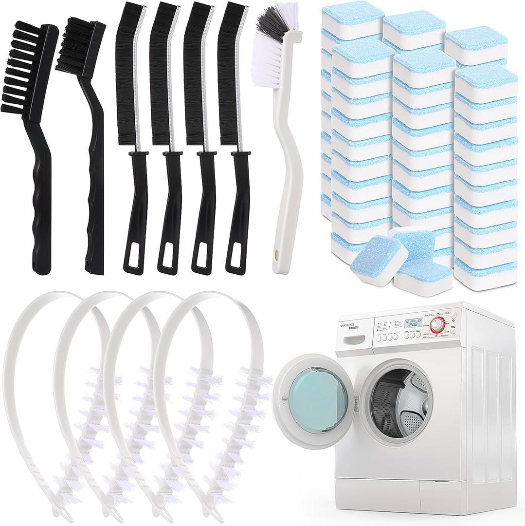 59 Pieces Washing Machine Cleaning Brush Kits with 48 Pieces Deep Cleaning Tablets 7 Pcs Crevice Brush and 4 Pcs Drum Slot Cleaner Brushes, Clean Inside Drum and Laundry Tub Seal