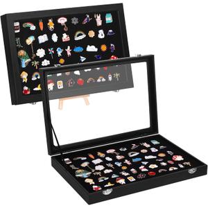 2pcs Large Enamel Pin Display Box Pin Collection Case Holder 14" X 9" Dustproof Pin Display Case Frame Jewelry Organizer Box for Military Medal Jewelry Pin Badge Rings Necklaces Bracelets