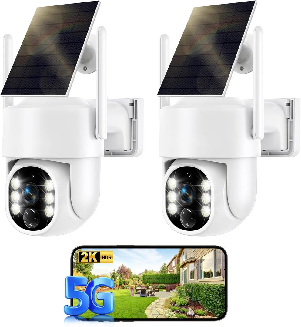 Solar Security Cameras Wireless Outdoor, 5G&2.4GHz Cameras for Home Security, 2K Solar Outdoor Camera, Color Night Vision, AI Human Detection, 2-Way Talk, Siren Alarms (2-Pack)