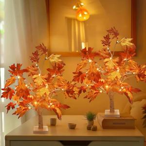 Luditek Thanksgiving Table Decor 2-Packs Maple Fall Light Up Tree w/ 24 Led 22 Inches White Artificial Tree Battery Operated for Thanksgiving Decorations Fall Halloween for Home Indoor Outdoor Bedroom