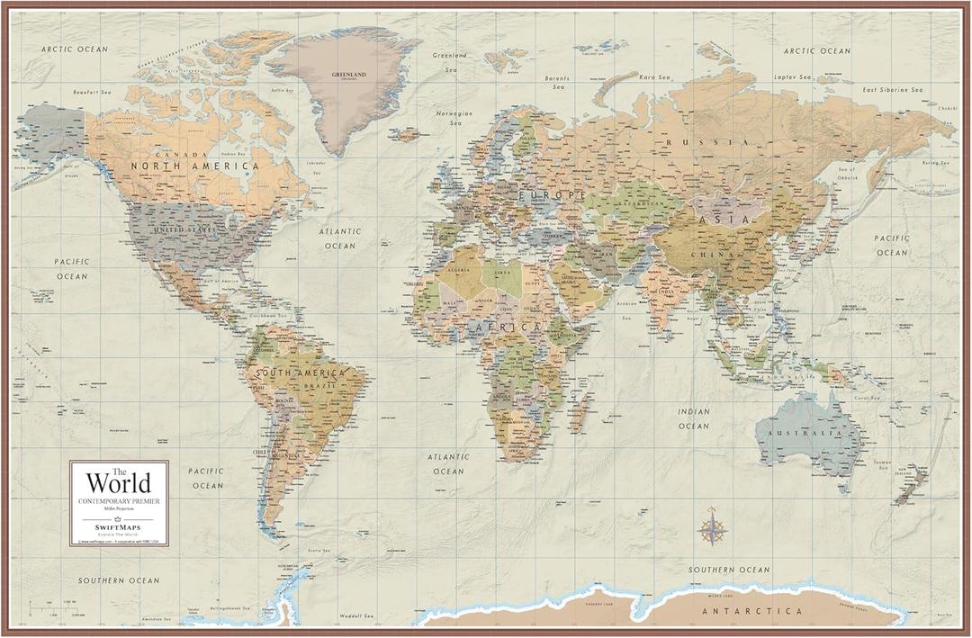 Swiftmaps World Contemporary Premier Wall Map Poster Mural 24h x 36w - LAMINATED