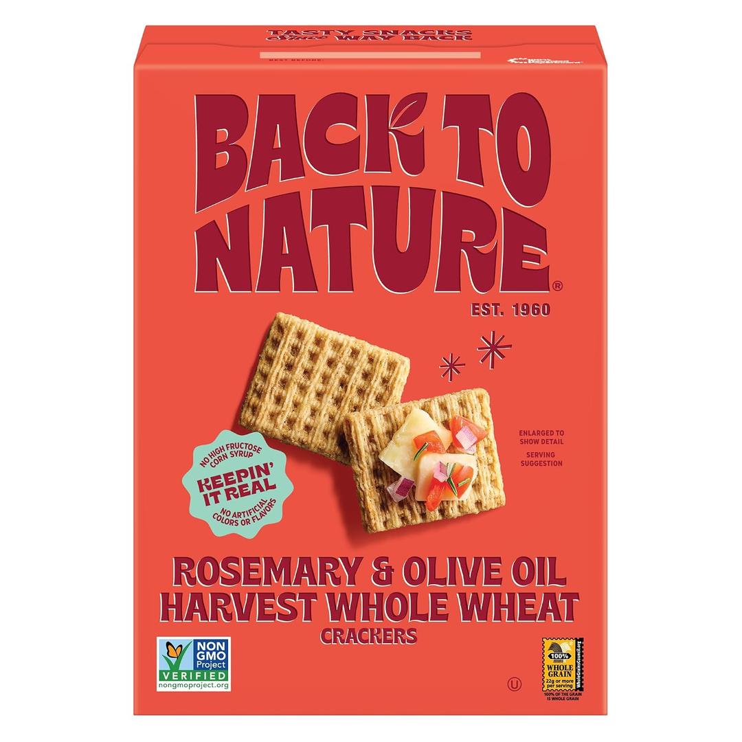 Back to Nature Rosemary & Olive Oil Harvest Whole Wheat Crackers, Non-GMO, Plant-Based Snack, Made with Whole Grain Wheat & Sea Salt, 7 oz Box (EXP 05/20/26)