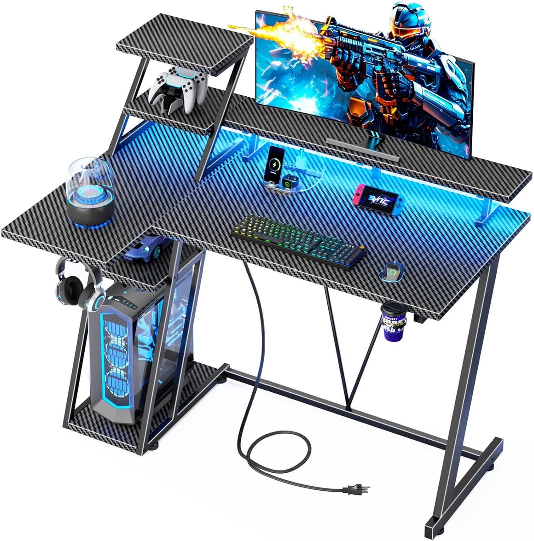 40 Inch Gaming Desk with LED Lights & Power Outlet, Small Gaming Computer Desk with Storage Shelves, L Shaped Gamer Workstations with Monitor Stand for Bedroom, Carbon Fiber Black