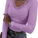 LUXVEER Long Sleeve Shirts for Women Lace V Neck Ribbed Fitted T-Shirt Dressy Business Casual Blouses 2026 Trendy Fall Tops S
