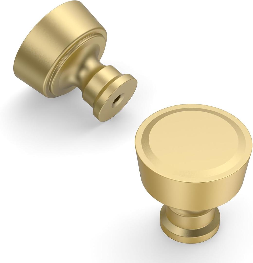 Amerdeco 10 Pack Brushed Gold Cabinet Knobs Single Hole Cabinet Pulls Diameter Round Drawer Knobs and Pulls for Bathroom Cabinets ZH0075