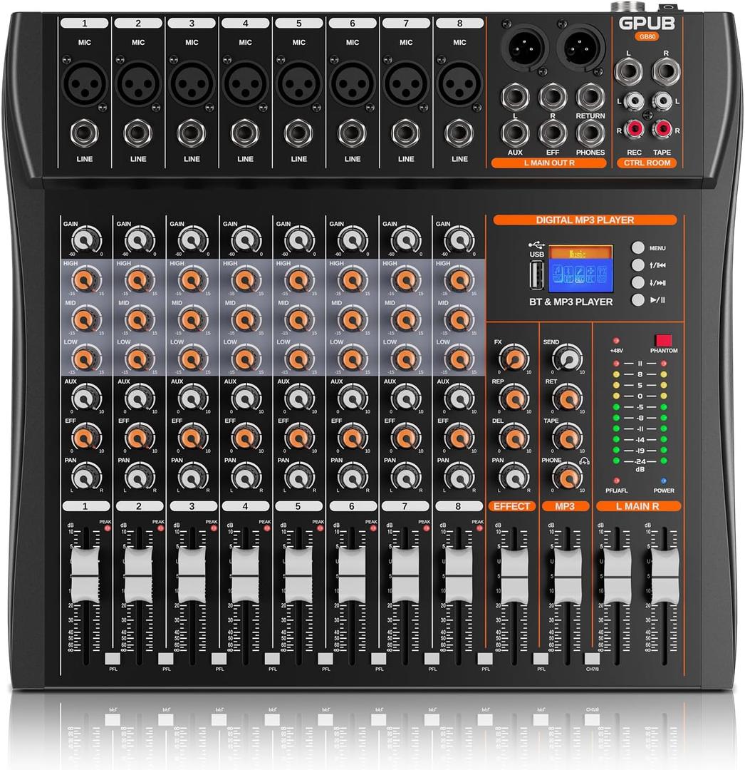 GP80 8 Channel Audio Mixer, USB Audio Interface Sound Board for Streaming with 24-bit DSP, Bluetooth 5.0, 48V Phantom Power, Mixer Board for Podcast Equipment, Studio Equipment, Streaming Mixer