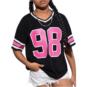 Verdusa Girl's Letter Print Loose T Shirt V Neck Half Sleeve Tee Tops (Black)