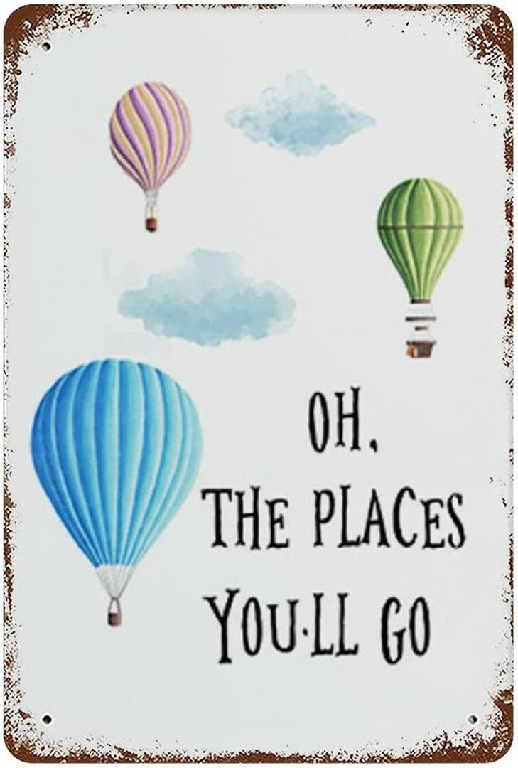 Vintage Wall Decor Iron Painting Vertical Plate Oh The Places You'll Go Playroom Art Watercolor Hot Air Baloon Retro Tin Signs Vintage Metal Tin Sign Wall Decor for Bars,Home Beer 8x12 inch