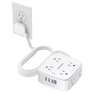 10 Ft Surge Protector Power Strip - YISHU 8 Widely Outlets with 4 USB Ports, 3 Side Outlet Extender with 10 Feet Flat Extension Cord, Ultra Flat Plug, Wall Mount, Desk USB Charging Station, ETL, White