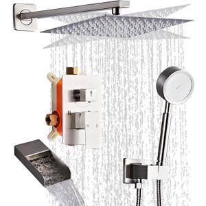 Brushed Nickel Shower Tub Faucet Set, Wall Mounted 10 Inch Shower Heads with Handheld Spray Combo and Tub Shower Faucet, Luxury Bathroom Square Rain Shower System - 4 Hooks