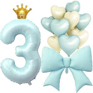 LilyZheng Baby Blue Number 3 Foil Balloon Set, 40 Inch Number Balloon with Crown, Bow & Heart Balloons for Boys and Girls 3rd Birthday, Baby Shower & Prince Party