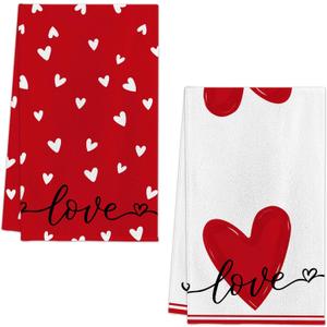 Valentines Day Kitchen Towels Set of 2, Red Heart Love Dish Towels 18x26 Inch Drying Dishcloth,Valentine Day Decorations for Home Housewarming Gifts Bathroom