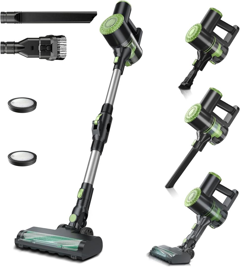 Cordless Vacuum Cleaner, Lightweight Stick Vacuum Cleaner, 6 in 1, Self-Standing with Powerful Suction, 180° Bendable Wand Rechargeable Cordless Vacuum for Hardwood Floor (Green)