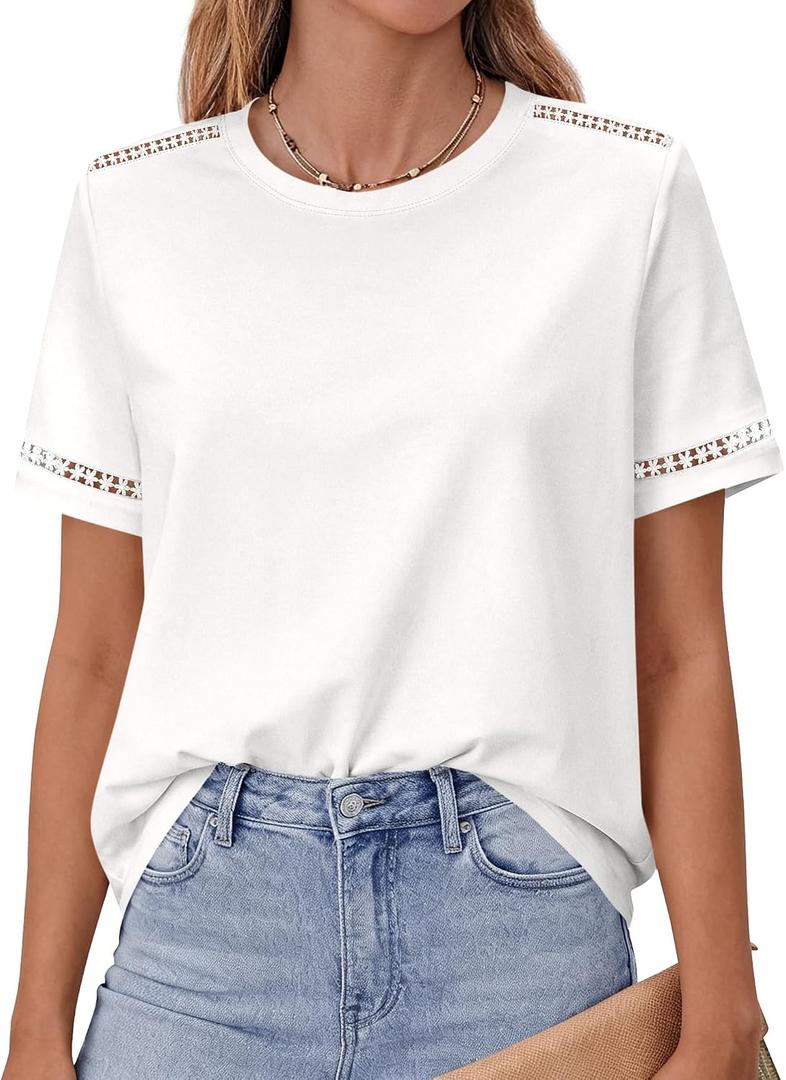 BTFBM Short Sleeve Shirts for Women 2026 Lace Summer Tops Spring Casual Loose Crew Neck T-Shirt Cute Vacation Outfits (L)