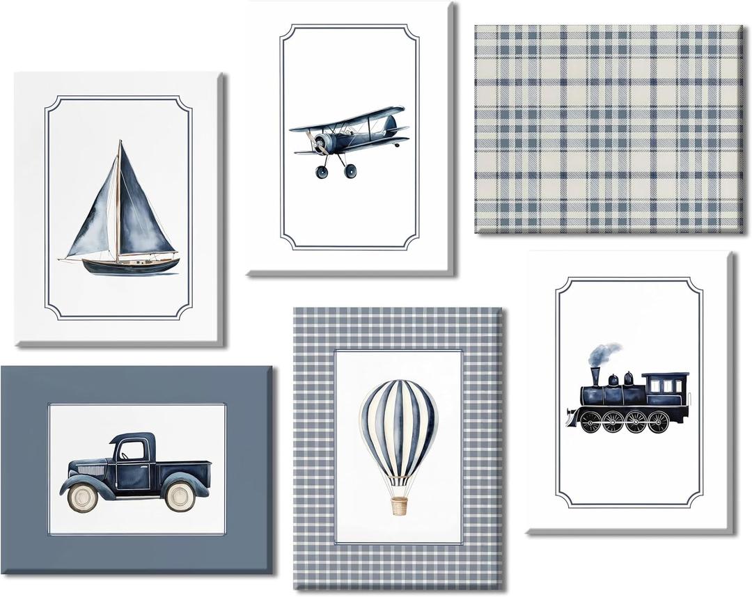 6Pcs Vintage Transportation Nursery Canvas Wall Art Navy Blue Hot Air Balloon Biplane Train Truck Sailboat Pictures Wall Decor Blue Vintage Nursery Poster Prints for Bedroom Playroom Decor 8"x10"