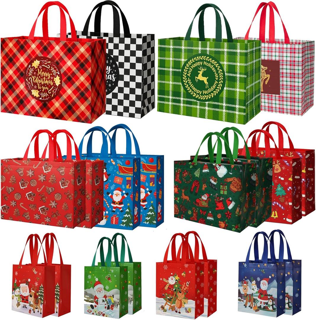 habgp 20 Pack Christmas Gift Bags Assorted Sizes with Handle, Reusable Tote Gift Bags Includes 4 Large 8 Medium 8 Small, Non-Woven Christmas Bags for Gifts Xmas Party Holiday Favors