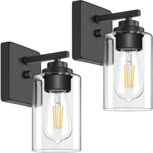 Set of 2 Wall Sconces for Bathroom, Modern Vanity Light Fixtures, Matte Black Wall Mount Lighting Lanterns, Farmhouse Wall Lights with Clear Glass Shade for Bedroom Living Room Mirror Hallway Kitchen