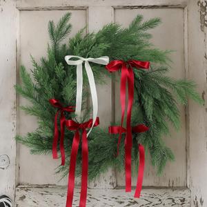 Suncalla 20'' Christmas Cedar Wreath with Bow Artificial Norfolk Pine Greenery Wreath Coquette Ribbon Red White Bow Decoration for Xmas Winter Front Door Window Wall Mantel Indoor Outdoor Home