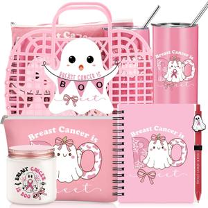 Roshtia 7pcs Christmas Breast Cancer Gifts for Woman Pink Boo Basket Tumbler Cup Handbag Makeup Bag Candle Notebook for Cancers Awareness Accessories Survivor Gifts(Breast Cancer)