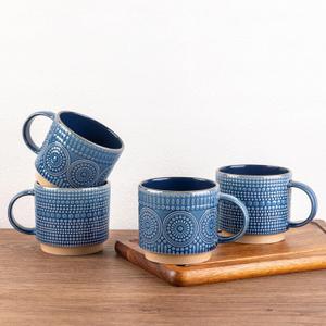 GBhome 12OZ Stackable Coffee Mugs, Ceramic Coffee Mugs with Texture Patterns for Man,Woman,Dad,Mom, Modern Coffee Mugs Set of 4 for Latte/Cappuccino/Cocoa. Dishwasher&Microwave Safe (Moonlight Blue)