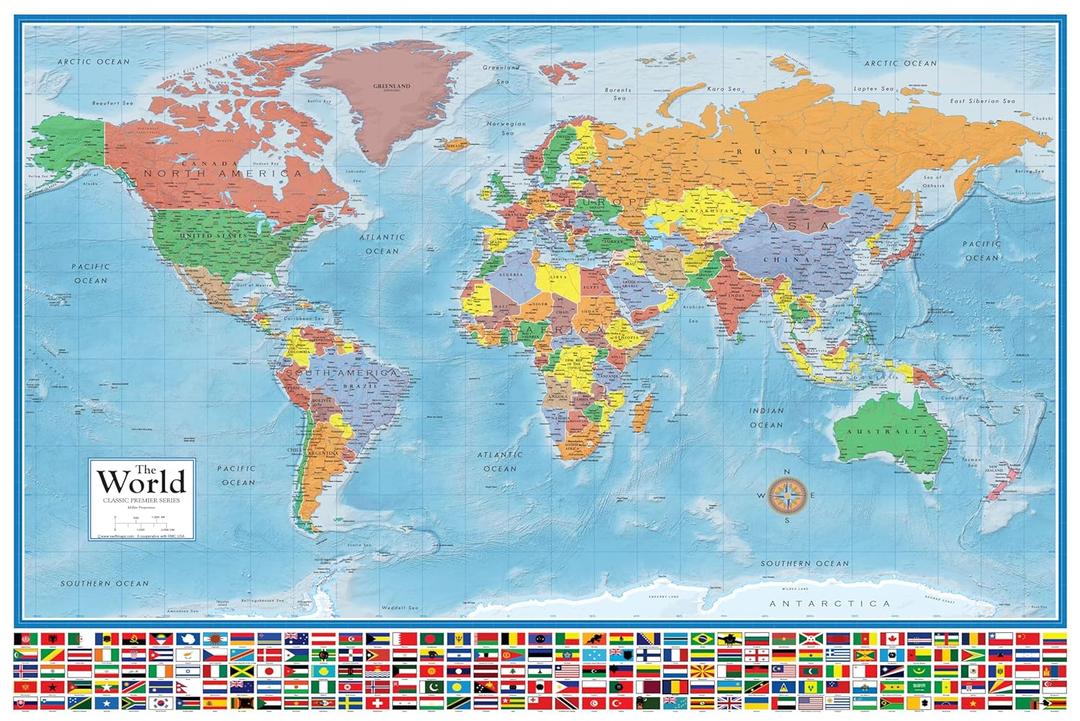 36x48 World Classic Elite Wall Map Laminated Flags of the World