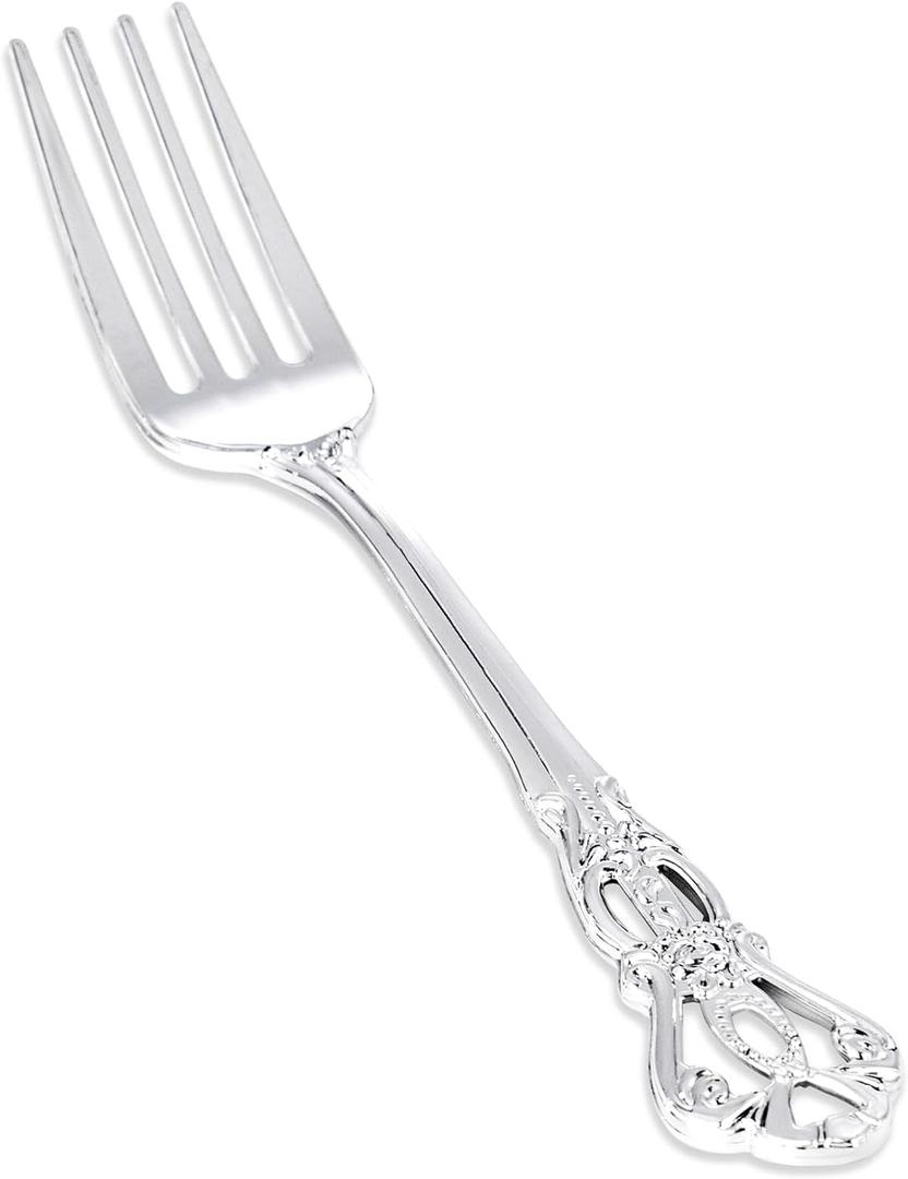 30PCS Silver Plastic Forks - 8.1inch Silver Forks Disposable - Vintage Heavy Duty Dessert Forks - Premium Fancy Plastic Silverware for Parties, Weddings, Dinners and Events