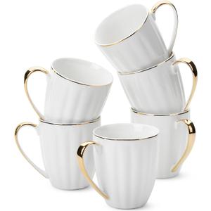 BTaT- White Coffee Mugs Set of 6 (12 oz), Porcelain White Coffee Mug Set with Gold Trim Design