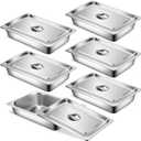 6 Set Stainless Steel Hotel Pans Full Size 2 1/2 Inch Deep With Lids, Anti-Jam Chafing Steam Table Pans, Catering Food Storage Metal Pan