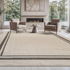 Beverly Rug Easy Jute Bordered Rug 10x14 Washable Large Indoor Outdoor Area Rugs for Living Dining Room Patio Office Stain Resistant Non Shedding Casual Indoor Outside Carpet 10 x 14 Off-White