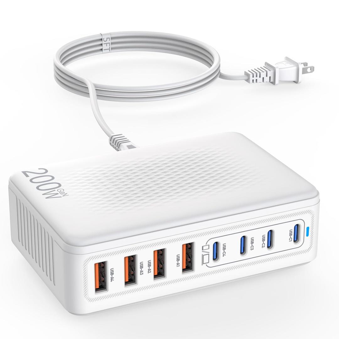 USB C Charger Block,200W GaN 8 Port USB C Charging Station USB Hub Block Cube Type C & USB A Wall Charger Power Adapter for Multiple Devices Apple iPhone 16/15/14,Steam Deck,MacBook Pro/Air,iPad Pro