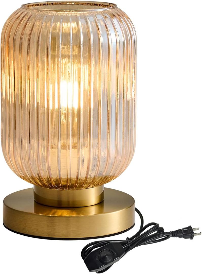 Glass Table Lamps Mid Century Modern Globe, Dimmable Amber Glass Table Lamp for Nightstand, Small Gold Table Lamp, Amber Pumpkin Design Ribbed Vintage Bedside Lamp for Bedroom Living Room Office (5.9'')