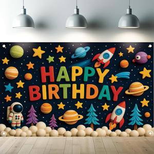 Space Happy Birthday Backdrop Banner Photography Background Party Decoration for Boy Girl Kids Baby Universe Planets Solar Galaxy Astronaut Photo Booth Supplies 71.8 X 43.3in