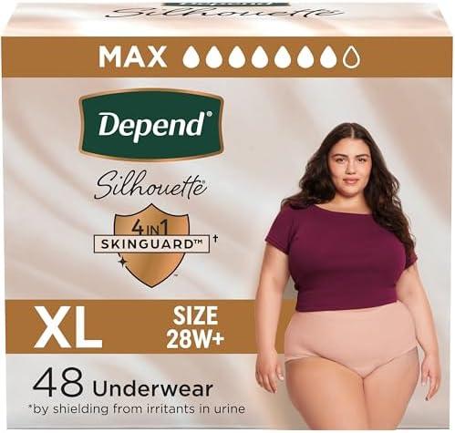 Depend Silhouette Adult Diapers, Incontinence & Postpartum Bladder Leak Underwear for Women, Maximum Absorbency, Extra Large, Pink, 48 Count (2 Packs of 24), Packaging May Vary