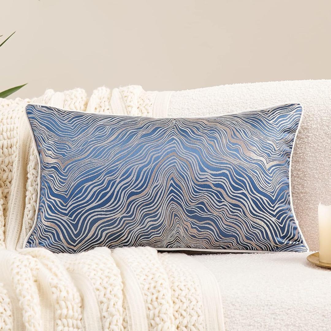 Avigers 12 x 20 Inch Rectangle Blue Silver Gold Abstract Striped Embroidery Cushion Case Luxury Modern Throw Pillow Cover Decorative Pillow for Couch Living Room Bedroom Car (Jha-Navy Blue)