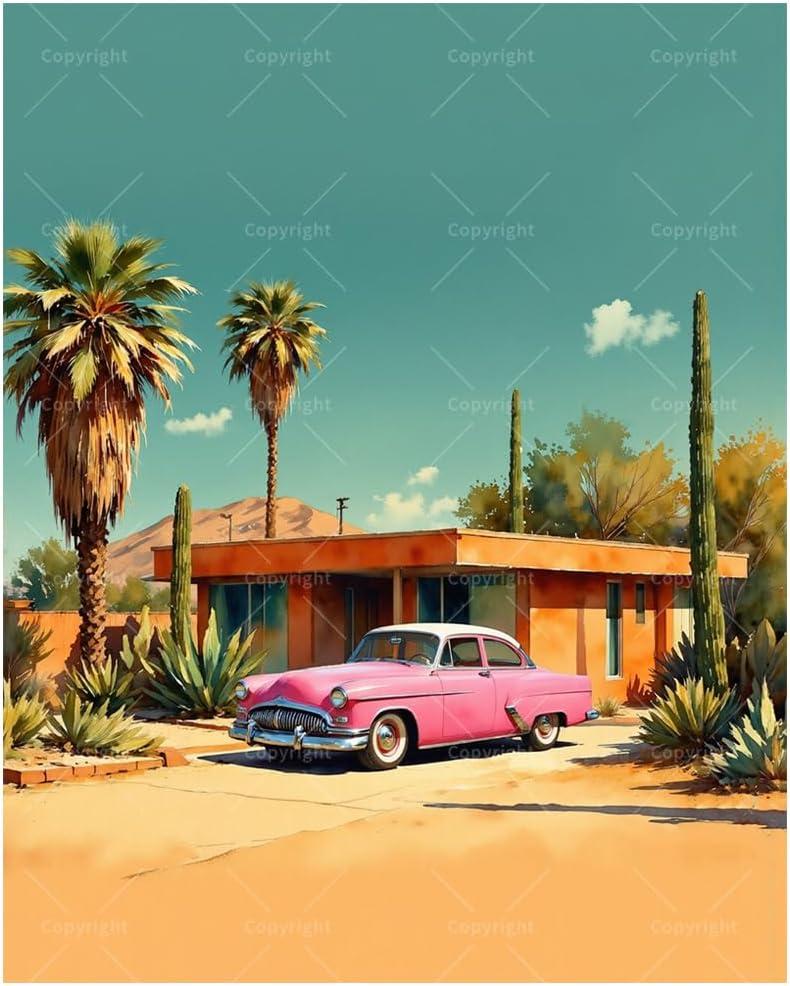 Vintage Car Paint by Numbers Kit for Adults - DIY Pink Classic Car Painting on Canvas, Acrylic Paint Set, Suitable for Beginners, Art for Home Decoration or Gifts(16X20IN Framed)