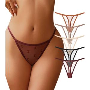 J-pone G-String Thongs for Women T-back Lace Hollow Out Low Waist Thongs Breathable Cheeky Sexy Underwear Panties 5 Pack L
