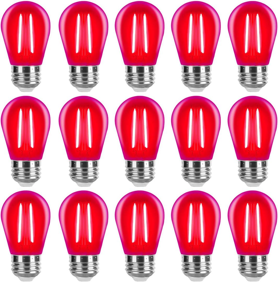 S14 LED Red Light Bulb 2 Watt String Light Replacement Bulbs, Shatterproof Waterproof Decorative E26 Red Filament Edison Outdoor Light Bulbs for Christmas & Halloween Decorations, Pack of 15  S14 LED Red Light Bulb 2 Watt String Light Replacement Bulbs, Shatterproof Waterproof Decorative E26 Red Filament Edison Outdoor Light Bulbs for Christmas & Halloween Decorations, Pack of 15