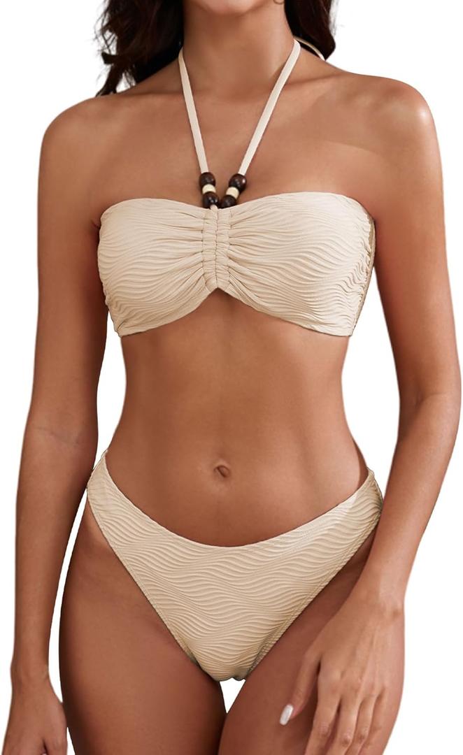 ZAFUL Women's Halter Bandeau Bikini Beaded Tie Back String Bikini Set Push Up Two Piece Swimsuit Bathing Suits (Medium, 1-beige)