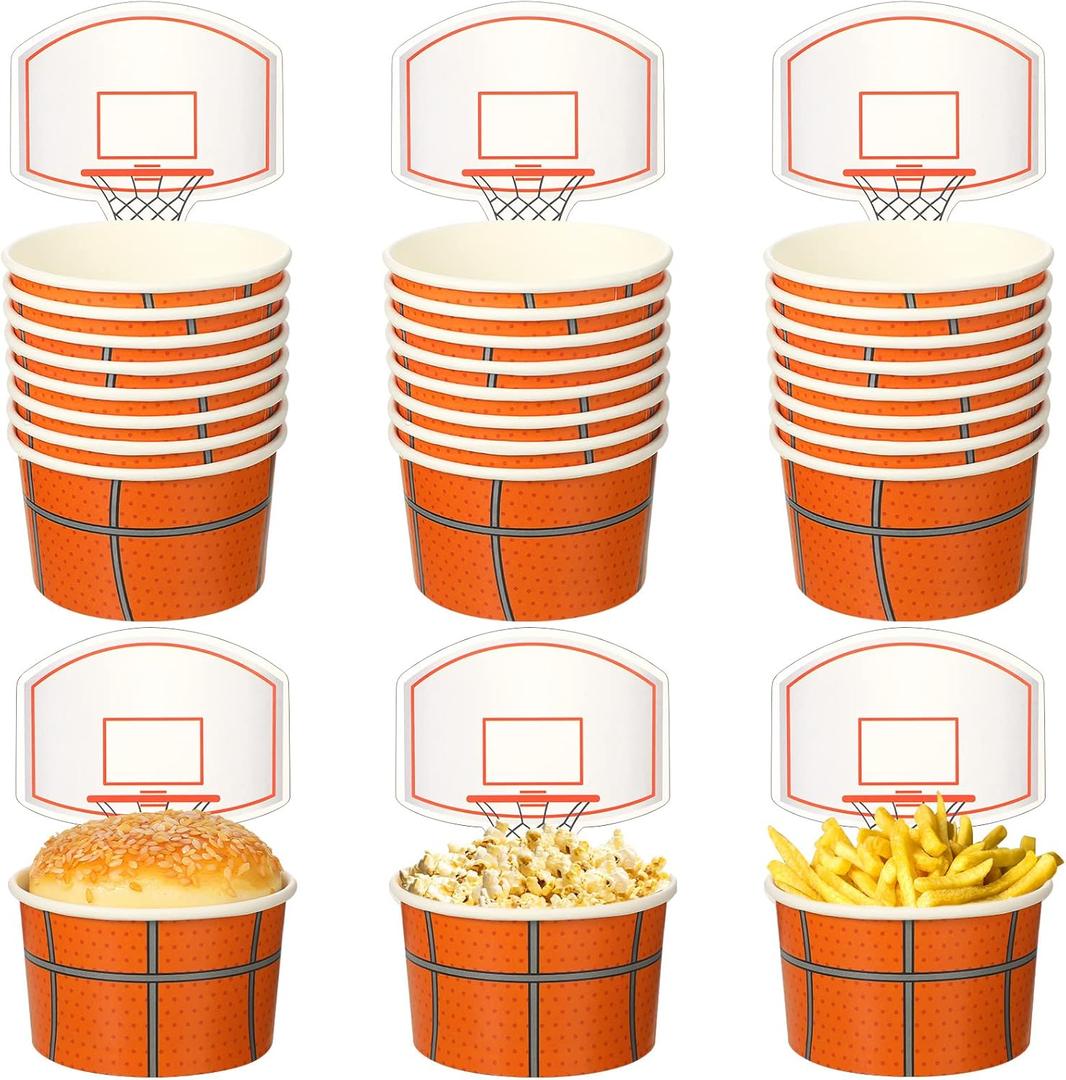 Sunnyray 24 Sets Basketball Hoop Snack Cups with Cards 8 oz Disposable Paper Basketball Party Cups Sports Balls Treat Food Bowls for Balls Birthday Party Favors Decorations Supplies