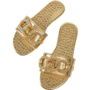 OYOANGLE Women's Gold Chain Crocodile Embossed Sandals Dressy Metallic Flats Open Toe Slides (Gold, 11.5)