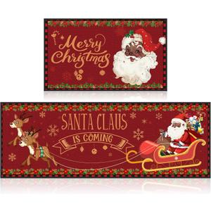 Dunzy 2 Pcs African American Christmas Kitchen Mat Black Santa Claus Rug and Mat Set Merry Xmas Santa Claus Floor Rug Christmas Decorations for Xmas Kitchen Bathroom Decor 17 x 29 and 17 x 47 Inch