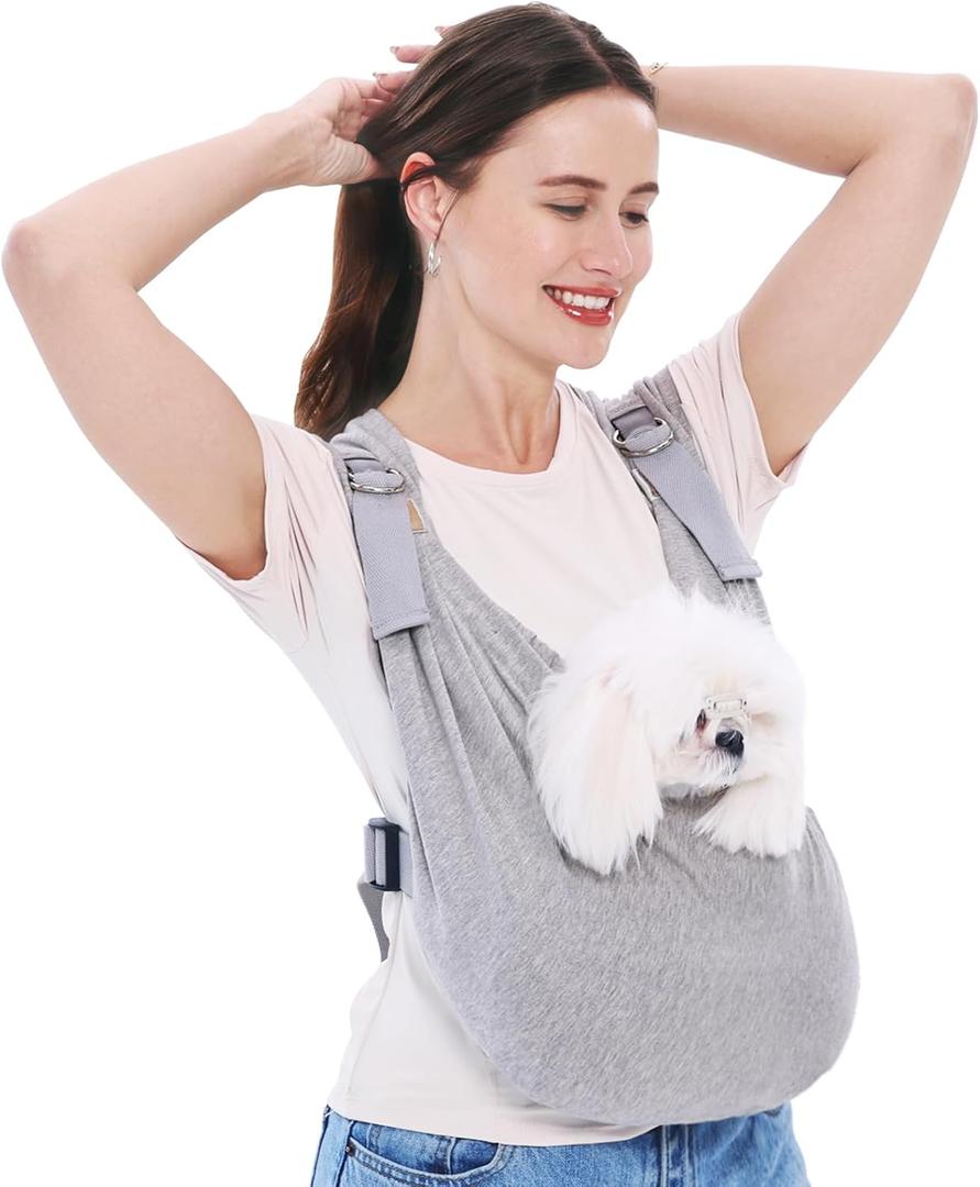 Supet Dog Carrier Sling for Small Dogs, Anti-Anxiety Cat Sling Carrier Chest, Hands-Free Front Facing Puppy Sling, Adjustable Soft Cotton Swaddle Wrap, Reducing Back Neck Pain(M, Grey)