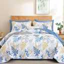 WONGS BEDDING Navy Blue Quilt Queen Size, Botanical Bedspread with Leaves Pattern 3 Pieces Lightweight Microfiber Reversible Coverlet Home Decor for All Seasons 96"x90"