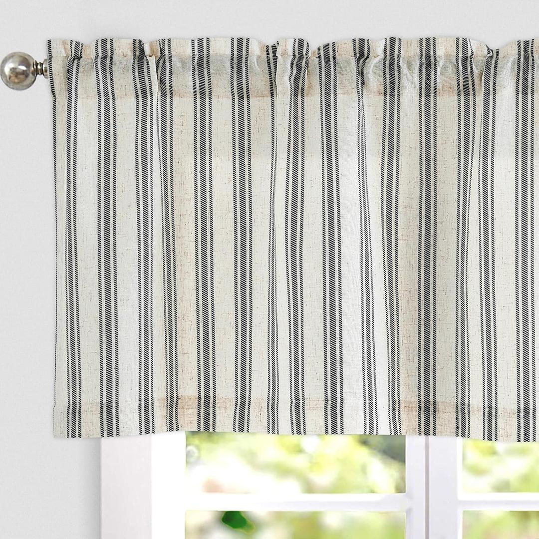 jinchan Linen Striped Valance Window Treatment for Bathroom Living Room Light Filtering Ticking Stripe Farmhouse Valance Curtain 16 Inch Rod Pocket 1 Panel Black on Beige