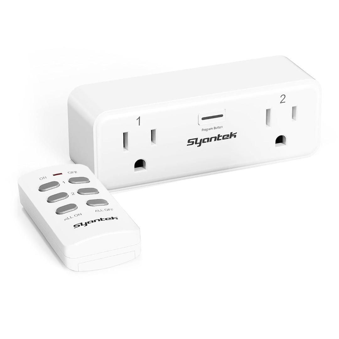 Remote Control Outlet with 2 Independent Control Sockets, Wireless Remote Light Switch Set, Remote Outlet Plug Up to 100 FT Range, 15A/1875W, White (1 Outlet + 1 Remote)