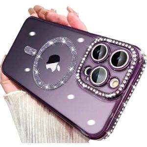 Cute for iPhone 14 Pro Max Magnetic Glitter Case,Luxury Bling Rhinestone Diamond Plated Bumper Case,Compatible with MagSafe, Sparkle Camera Lens Protection Clear Cover for Women Girls(Purple)