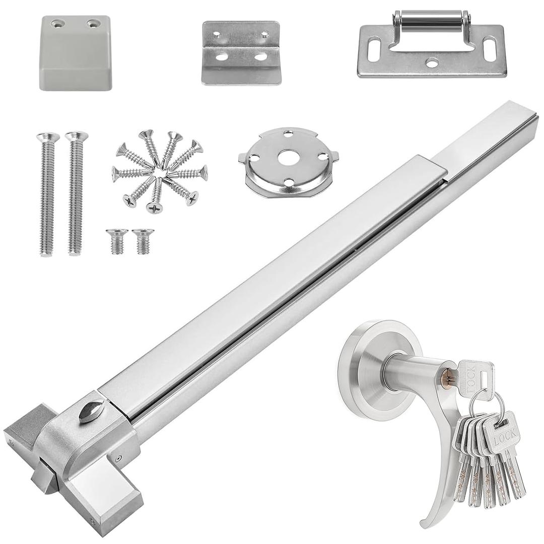 Push Bar Panic Exit Device with Handle, 31 Inch Aluminum Emergency Exit Door Hardware with 6 Keys, Commercial Emergency Door Lock Fits 31"-47" Wood & Metal Doors, Left/ Right Compatible