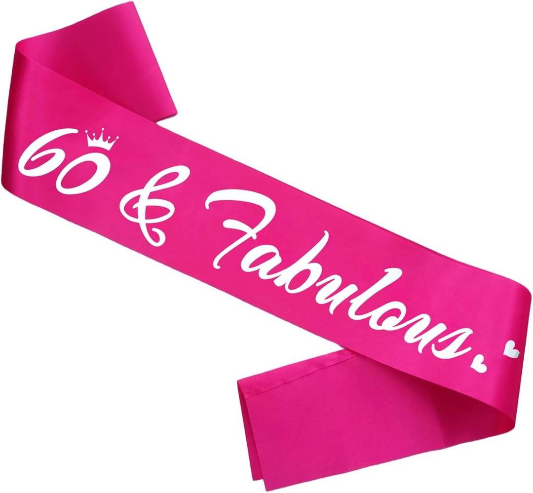 2 x 60 & Fabulous Birthday Sash, 60th Birthday Gifts idea for women, Funny 60th Birthday Party Suppiles, Hot Pink+ Silver(60 & Fabulous)