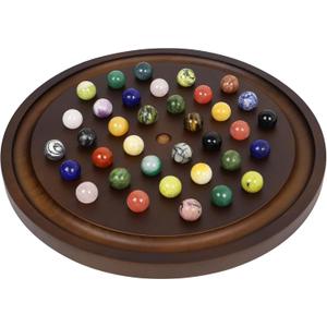 Large Solitaire Game Handmade Solid Wooden Marble Board Game Set with 36 Natural Marble Marbles Classic Thick Round Board Games for Adults Game Night (Walnut, Medium)